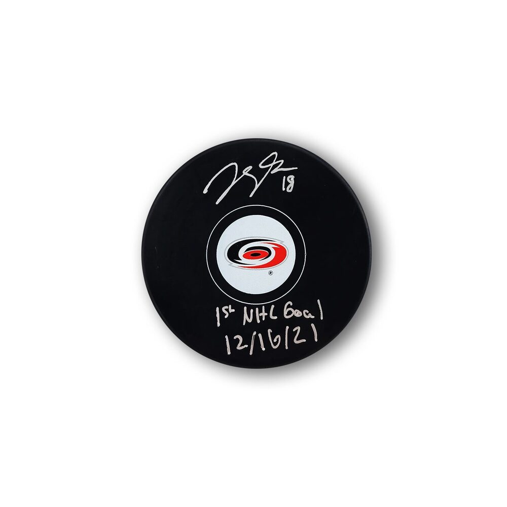 Jack Drury Autographed Carolina Hurricanes Hockey Puck Inscribed 1st NHL Goal