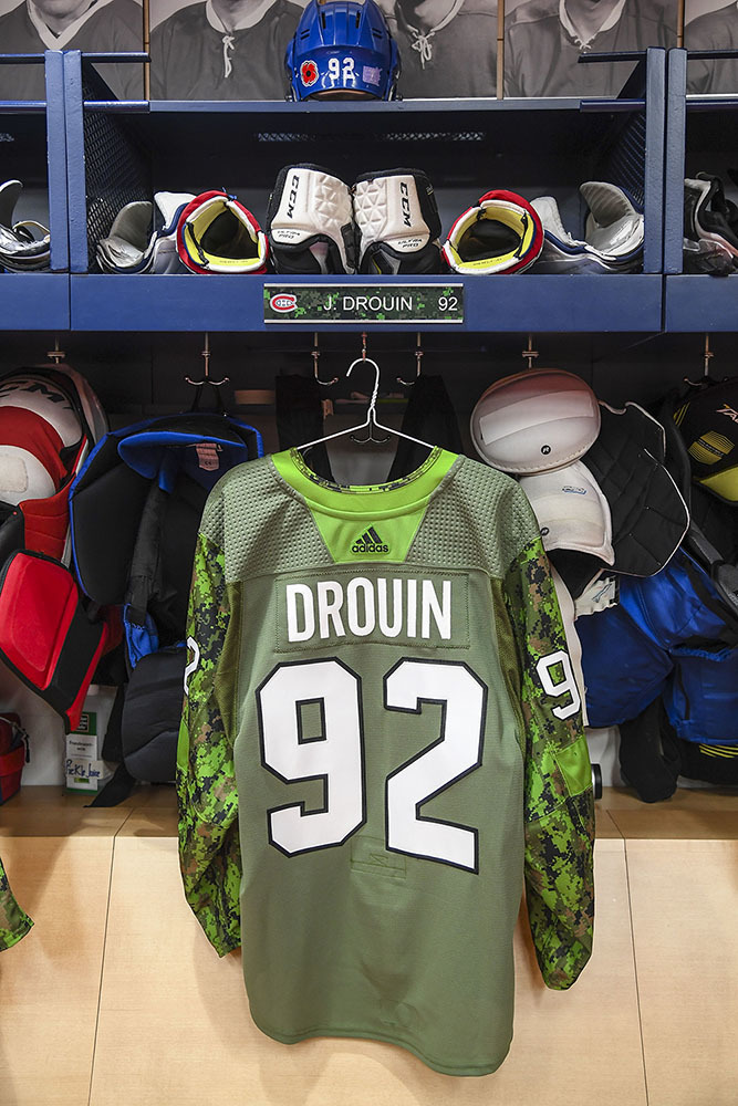 #92 Jonathan Drouin Warm-Up Worn and Autographed Military Jersey