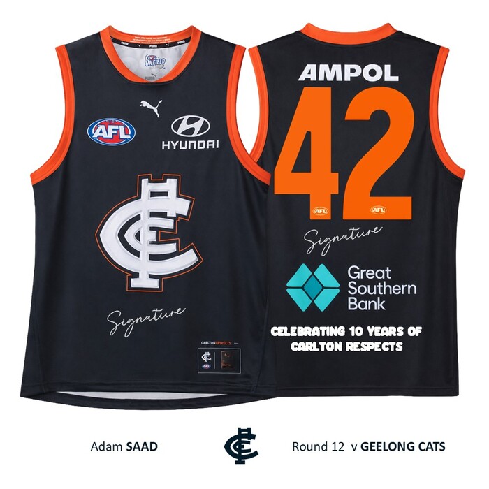 Photo of Adam Saad #42 Carlton 2026 Carlton Respects Player-Issue Guernsey
