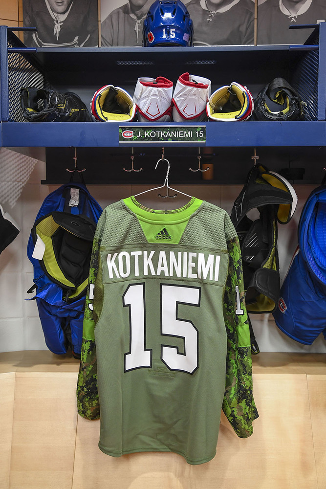 #15 Jesperi Kotkaniemi Warm-Up Worn and Autographed Military Jersey