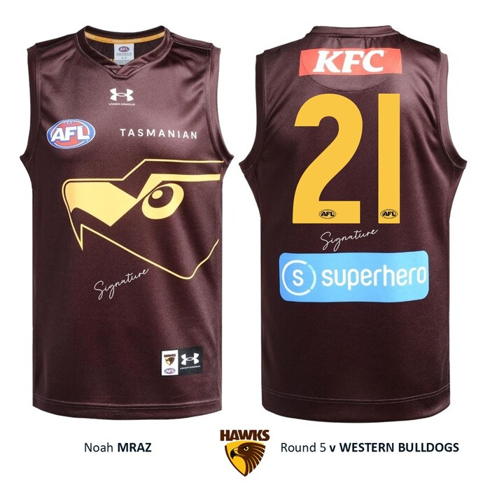 Photo of Noah Mraz #21 Hawthorn 2026 Gather Round Guernsey