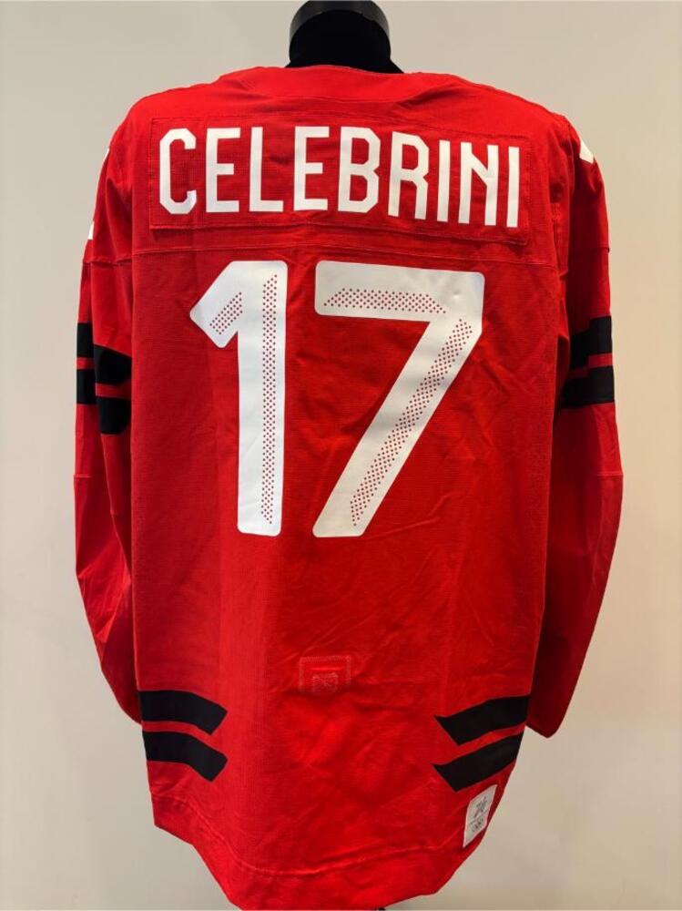 Macklin Celebrini Canada Game-Used Red Jersey worn v. Switzerland on February 13, 2026, as a part of the 2026 Milano Cortina Winter Games.