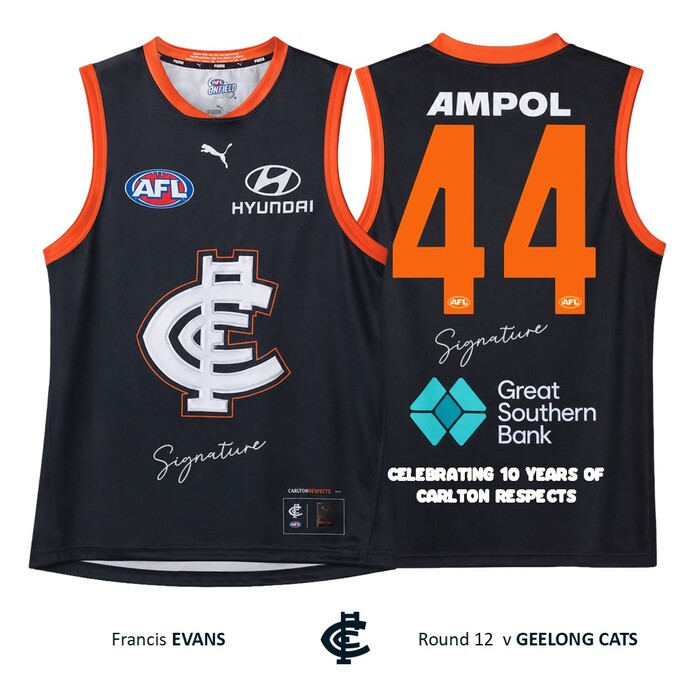 Photo of Francis Evans #44 Carlton 2026 Carlton Respects Match-Worn Guernsey