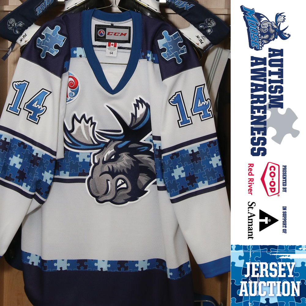 JIMMY OLIGNY Manitoba Moose Game Worn Autism Awareness Jersey