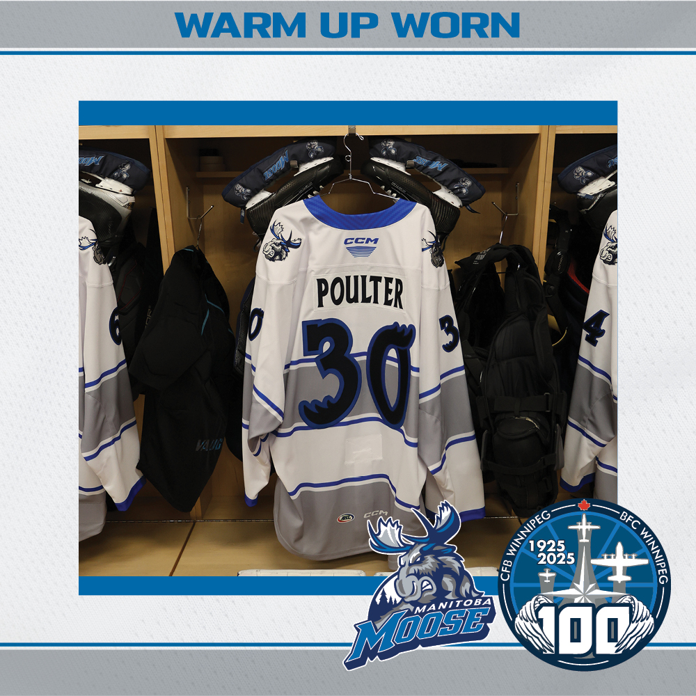 ISAAC POULTER Warmup Worn Manitoba Moose CFB Winnipeg 100th Anniversary Jersey