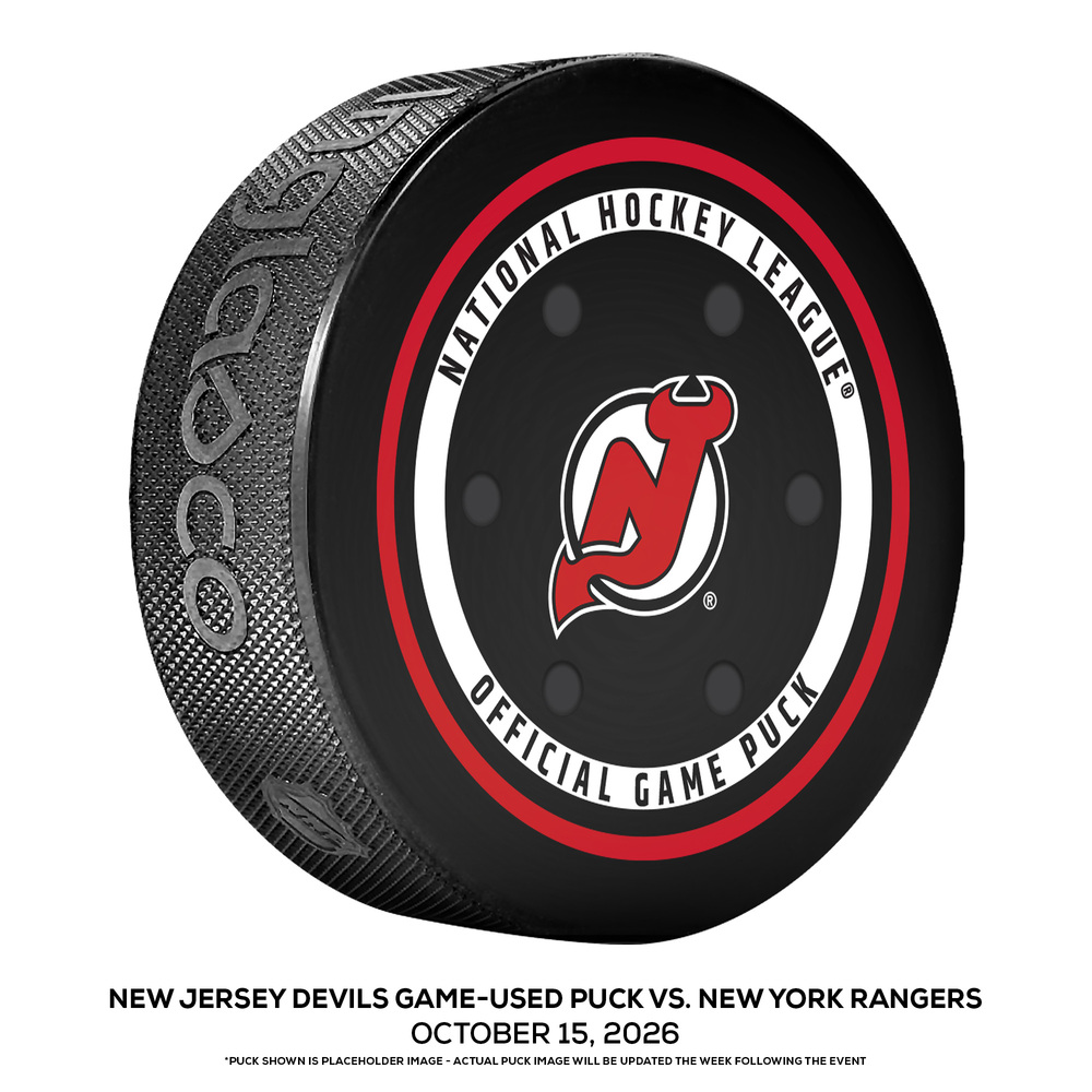 New Jersey Devils Game-Used Puck vs. New York Rangers on October 15, 2026 - Luke Hughes (NJD) Scores Twice for First Multigoal Game in the NHL (Not Goal Puck)