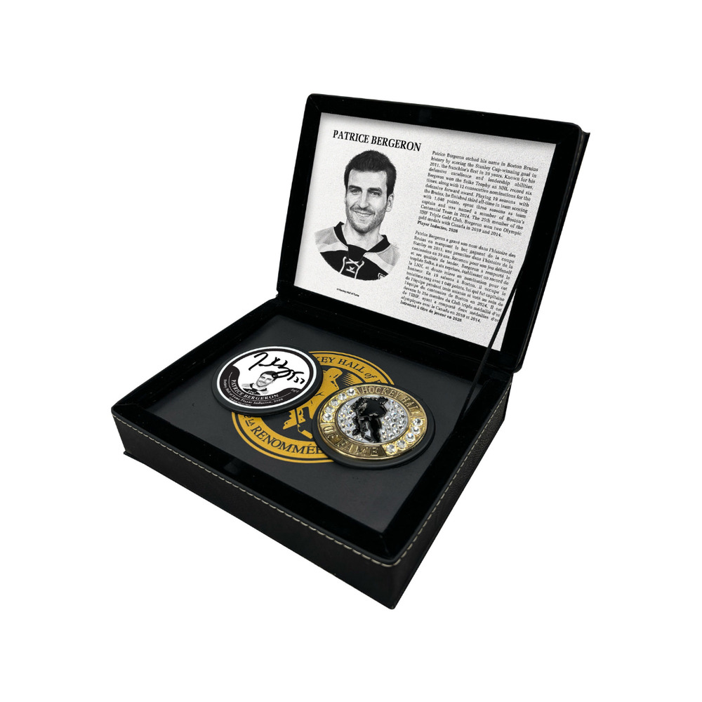 Patrice Bergeron Autographed Legends Line Honoured Member 2-piece Puck Box - Limited Edition 1/4