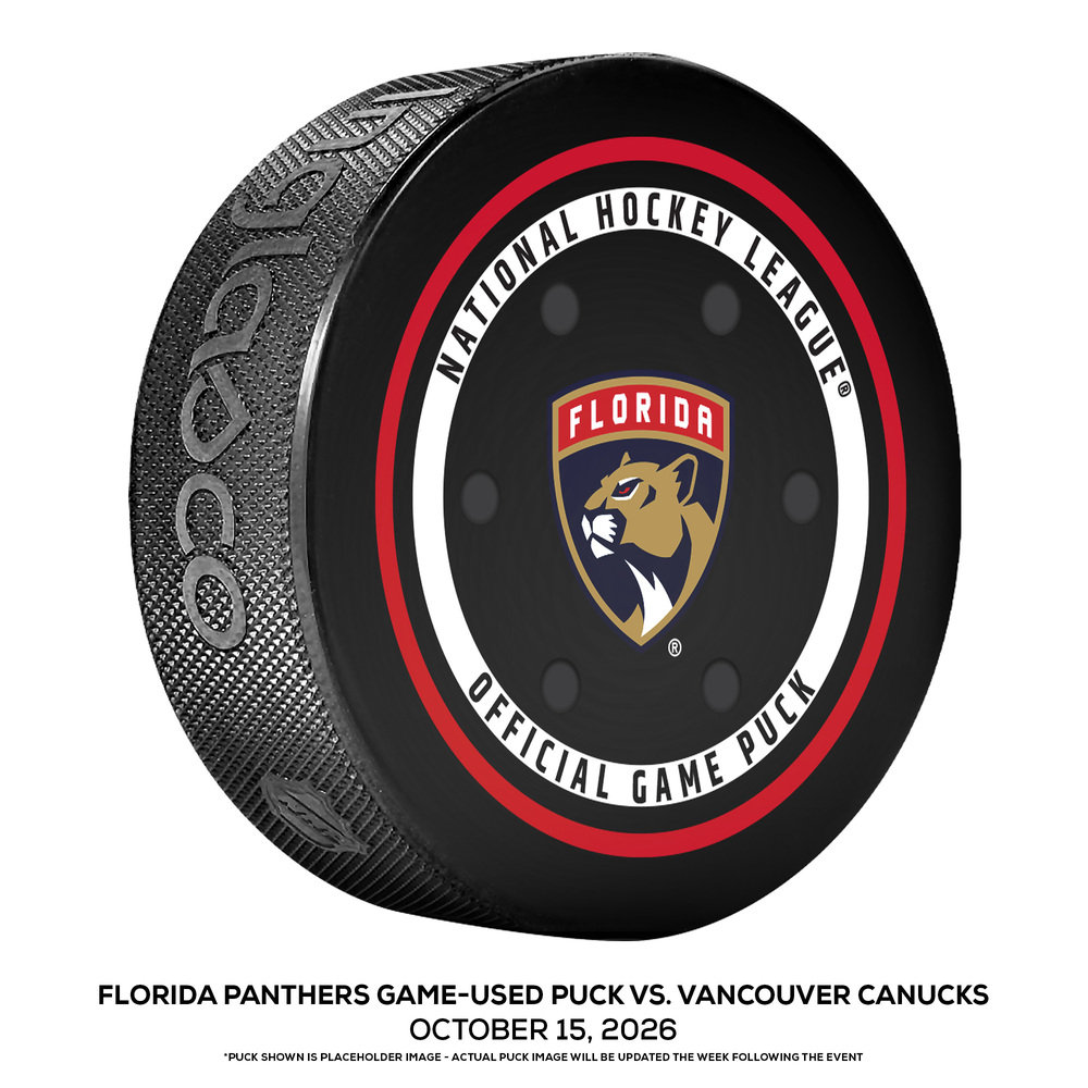 Florida Panthers Game-Used Puck vs. Vancouver Canucks on October 15, 2026 - Brady Tkachuk (FLA) Records Second Straight Hat Trick (Not Goal Puck)