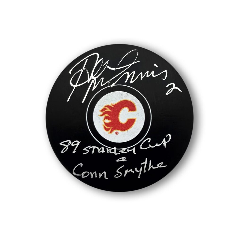Al MacInnis Autographed Calgary Flames Hockey Puck Inscribed 89 Cup And Conn Smythe