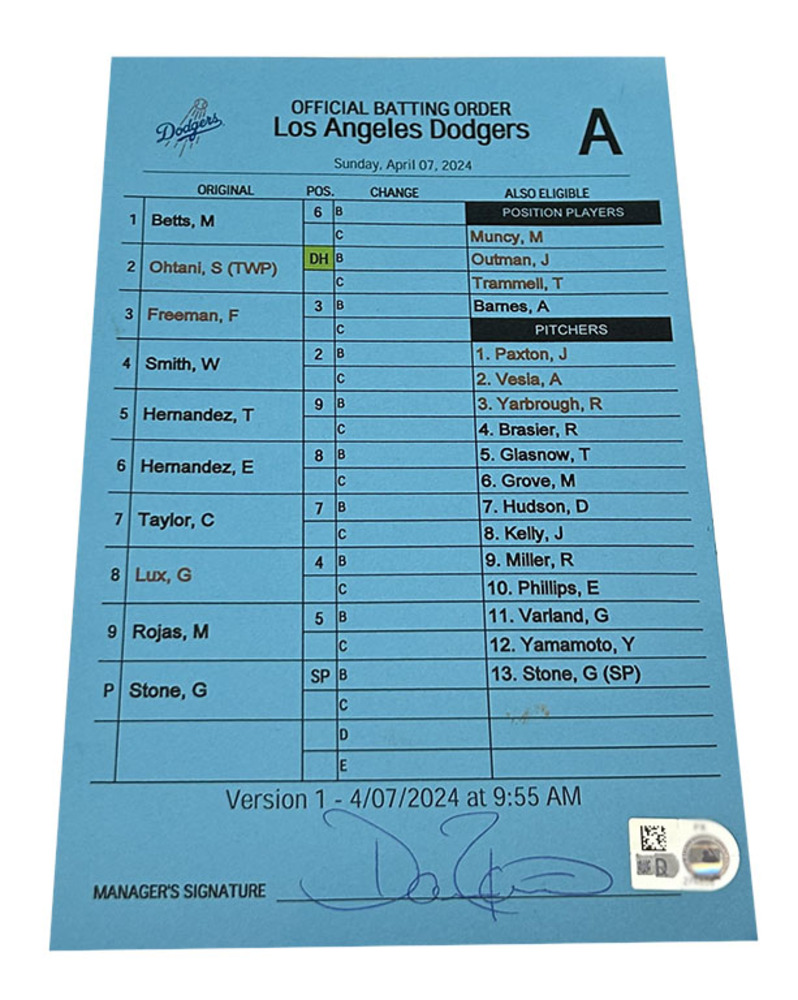Dodgers Team-Issued Batting Order Card - Ohtani MVP Season - Dodgers vs ...