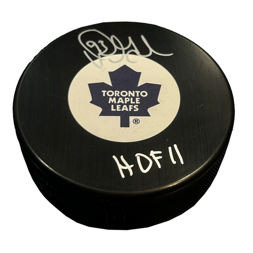 Doug Gilmour Signed Toronto Maple Leafs Puck with 'Hall of Fame' Inscription