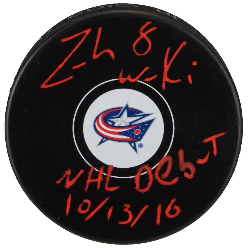 Zach Werenski Autographed Hockey Puck with NHL Debut 10/13/16 Inscription in Red Paint Pen - #8 of a Limited Edition of 8