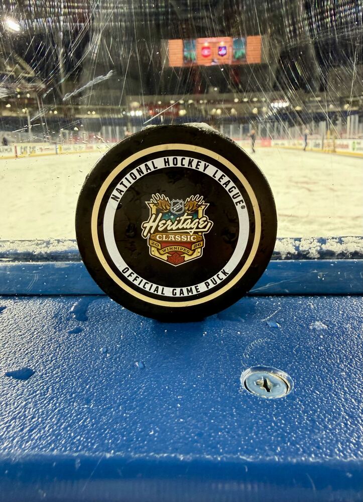 Isak Rosen Winnipeg Jets 2026 NHL Heritage Classic Game-Used Goal Puck - Goal #3 of Game on October 25, 2026