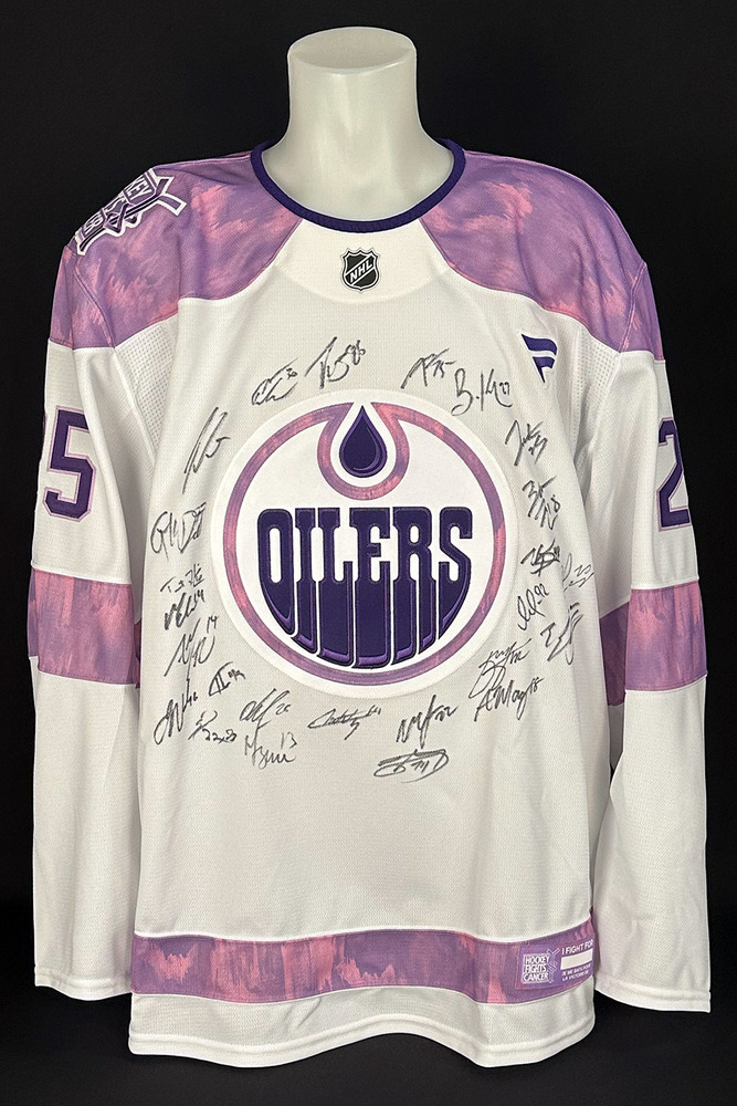 2025-26 Edmonton Oilers Team Signed Hockey Fights Cancer New On-Ice Authentic Pro Weight Fanatics Jersey Crested To #25 OILERS (Autographed Only / Not Worn)