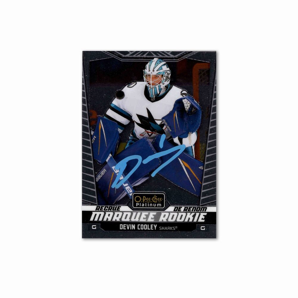 Devin Cooley Autographed San Jose Sharks OPC Marquee Rookie Platinum #249 Hockey Card