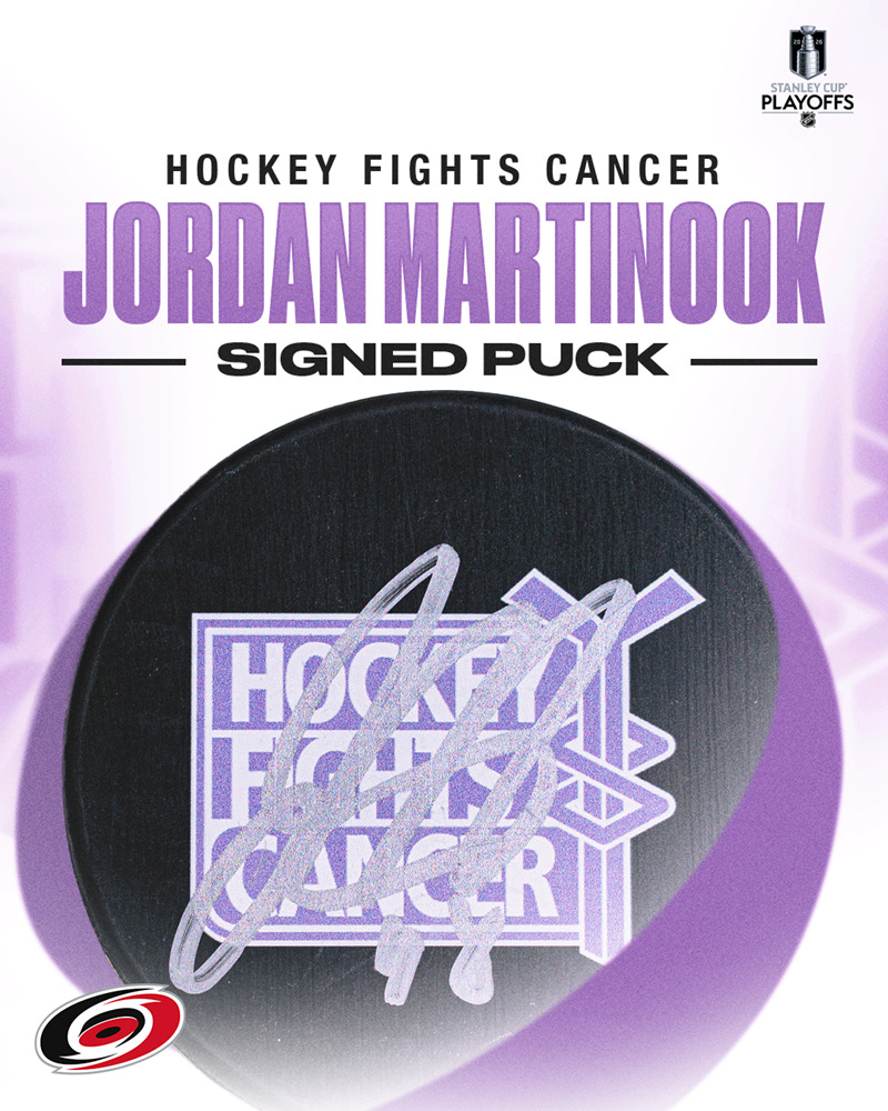 Jordan Martinook Autographed Hockey Fights Cancer Puck - Carolina Hurricanes