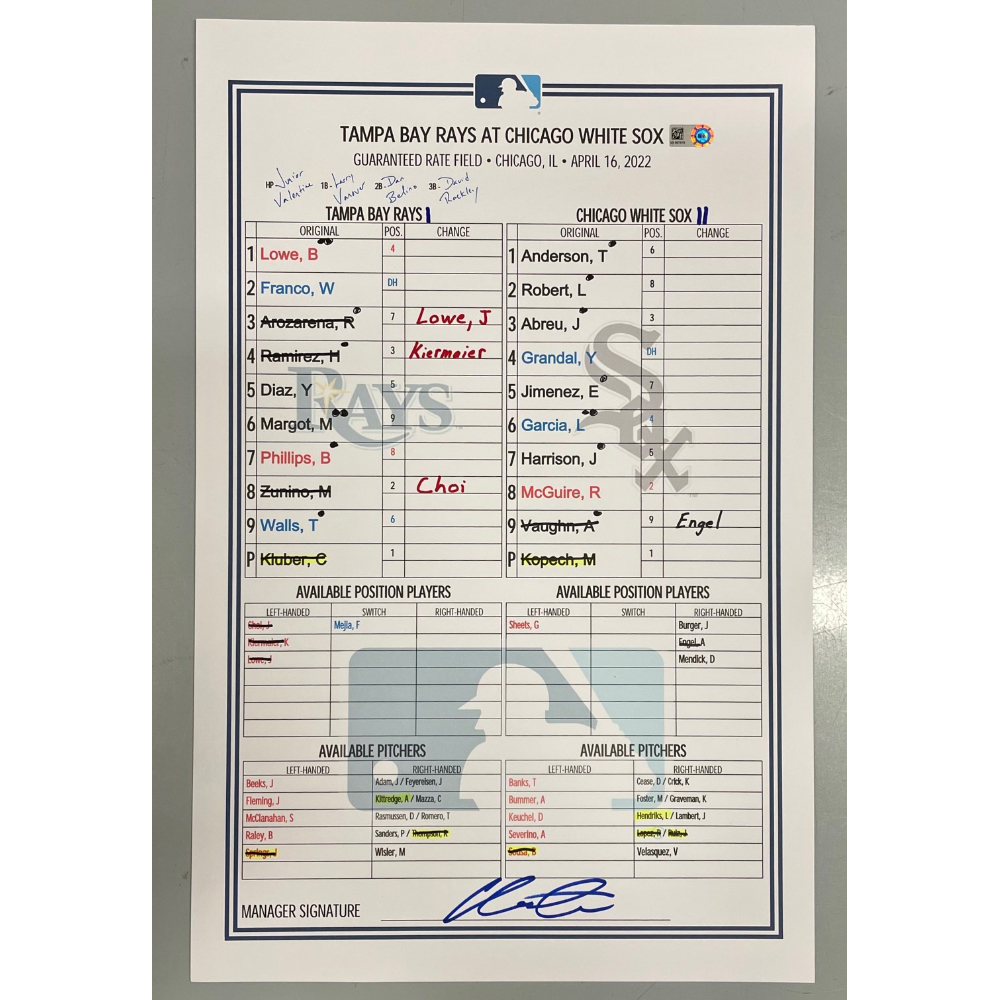 Game Used Lineup Card Tampa Bay Rays at Chicago White Sox Jose Abreu