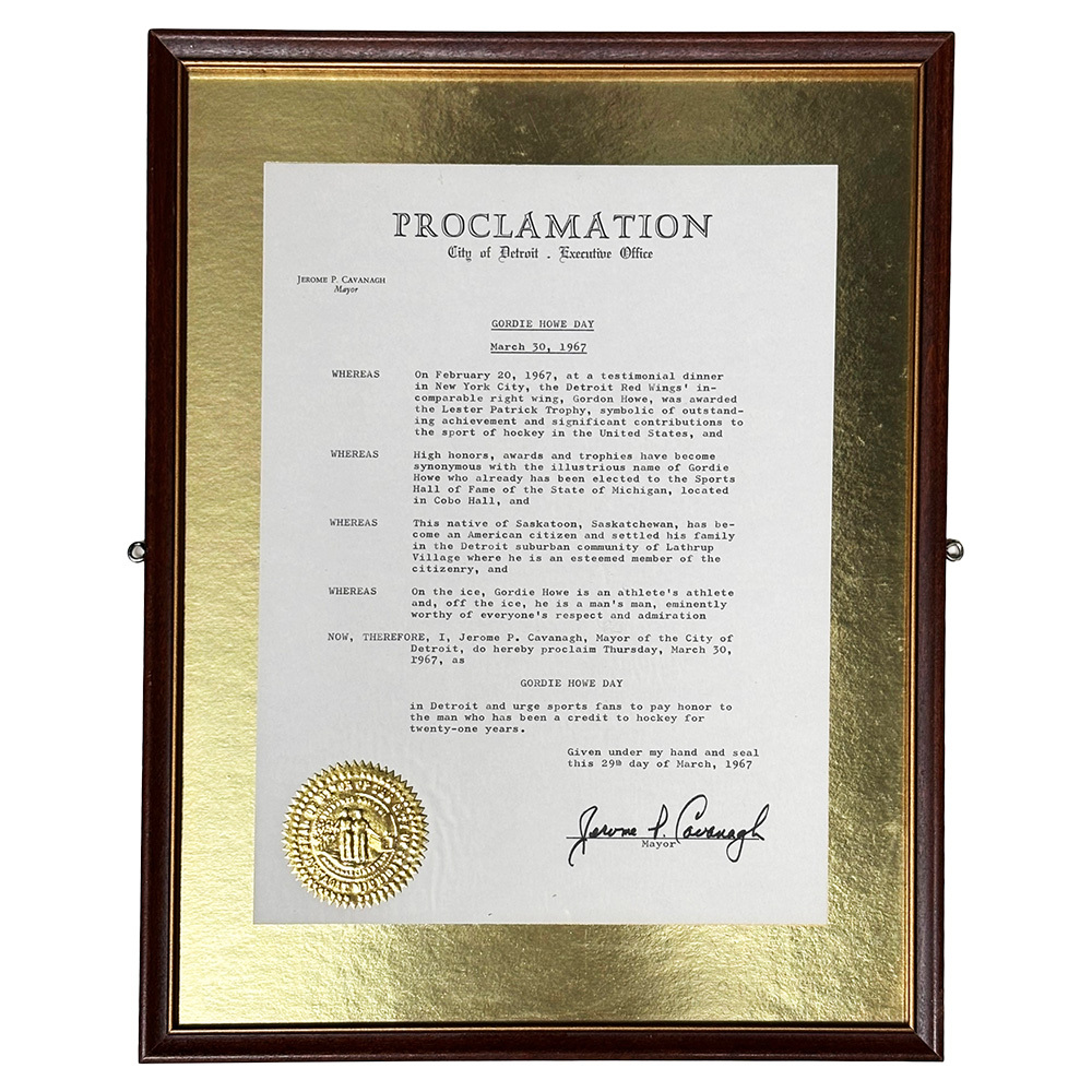 City of Detroit 1967 'Gordie Howe Day' Framed Proclamation