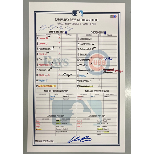 Game Used Lineup Card Tampa Bay Rays at Chicago Cubs Seiya Suzuki 9
