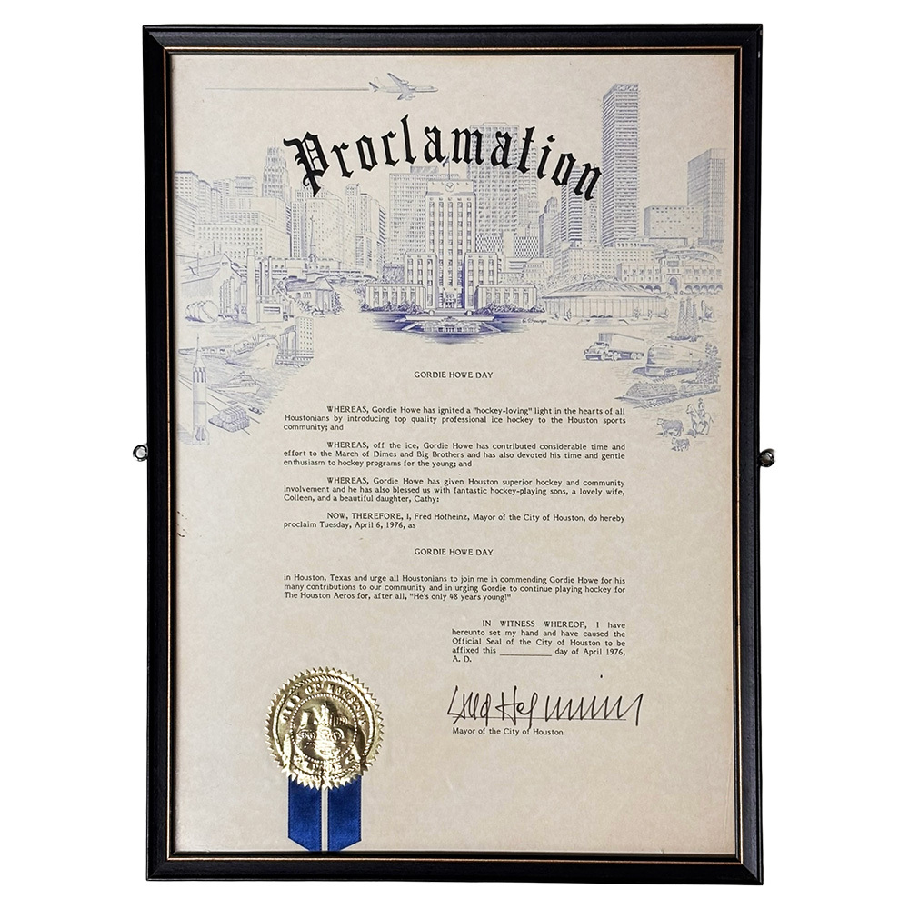 City of Houston 1976 'Gordie Howe Day' Framed Proclamation