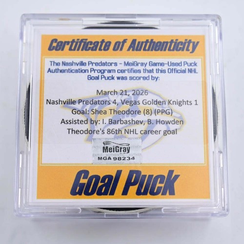 Image of Theodore, Shea - Vegas Golden Knights - March 21, 2026 at Nashville Predators (Predators Logo)