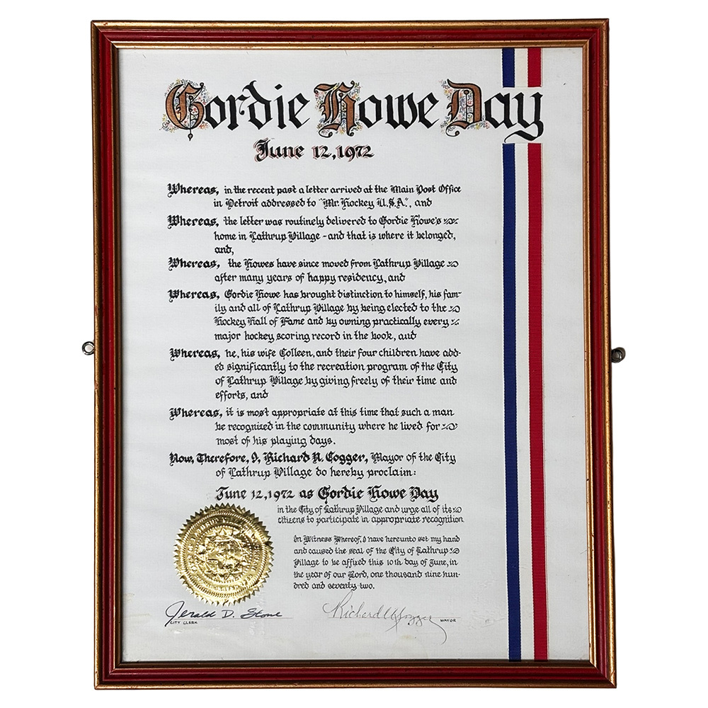 City of Lathrup Village 1972 'Gordie Howe Day' Framed Proclamation