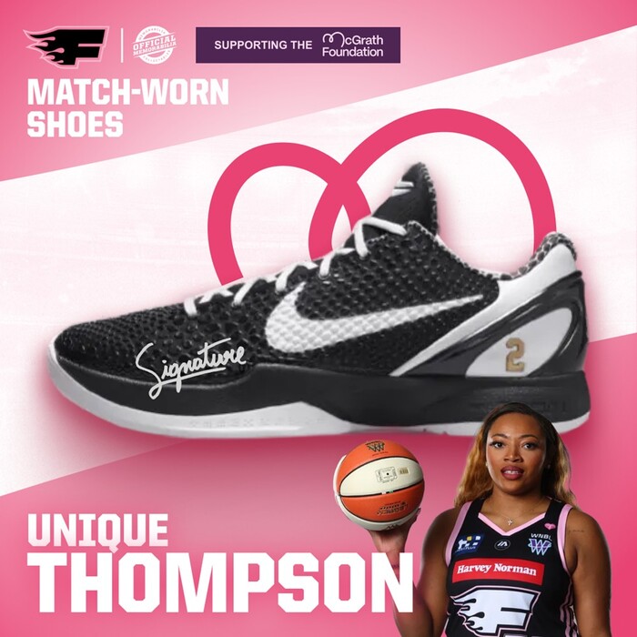 Photo of Unique Thompson Sydney Flames Signed Kobe 6 "Gigi" Pink Hoops Match-Worn Shoes