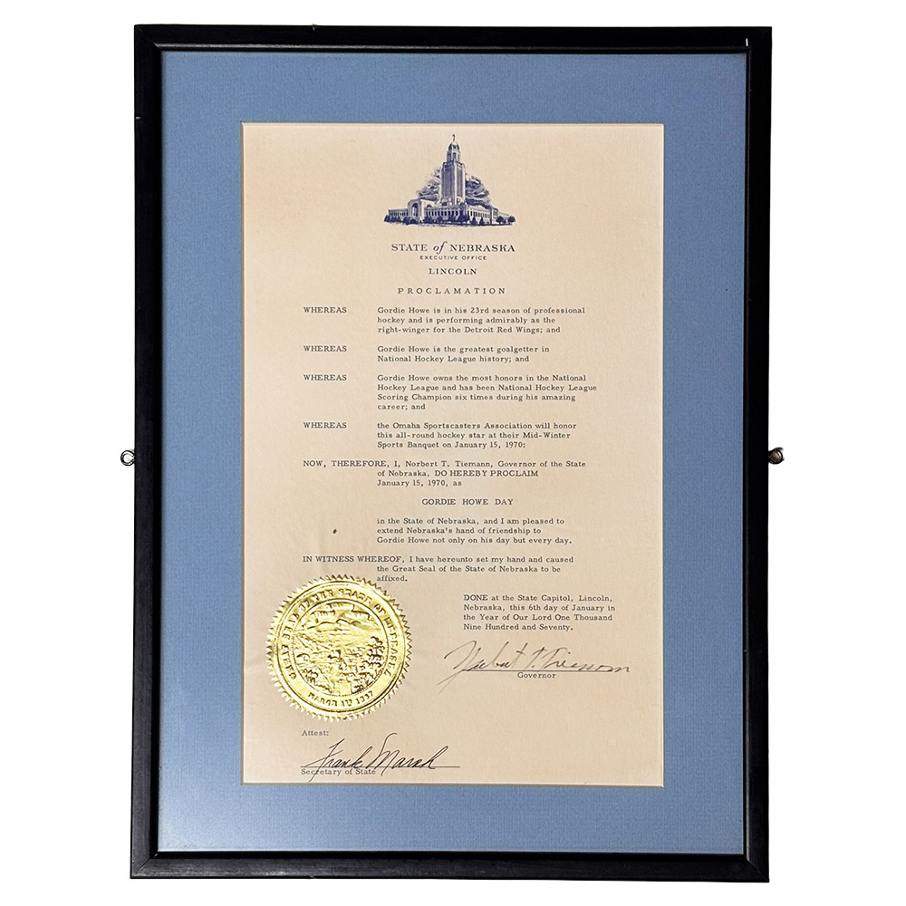 City of Lincoln 1970 'Gordie Howe Day' Framed Proclamation