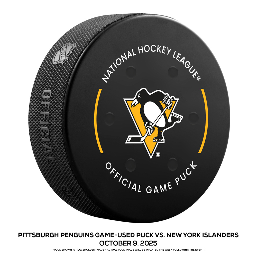Pittsburgh Penguins Game-Used Puck vs. New York Islanders on October 9, 2025 - Matthew Schaefer (NYI) Makes NHL Debut
