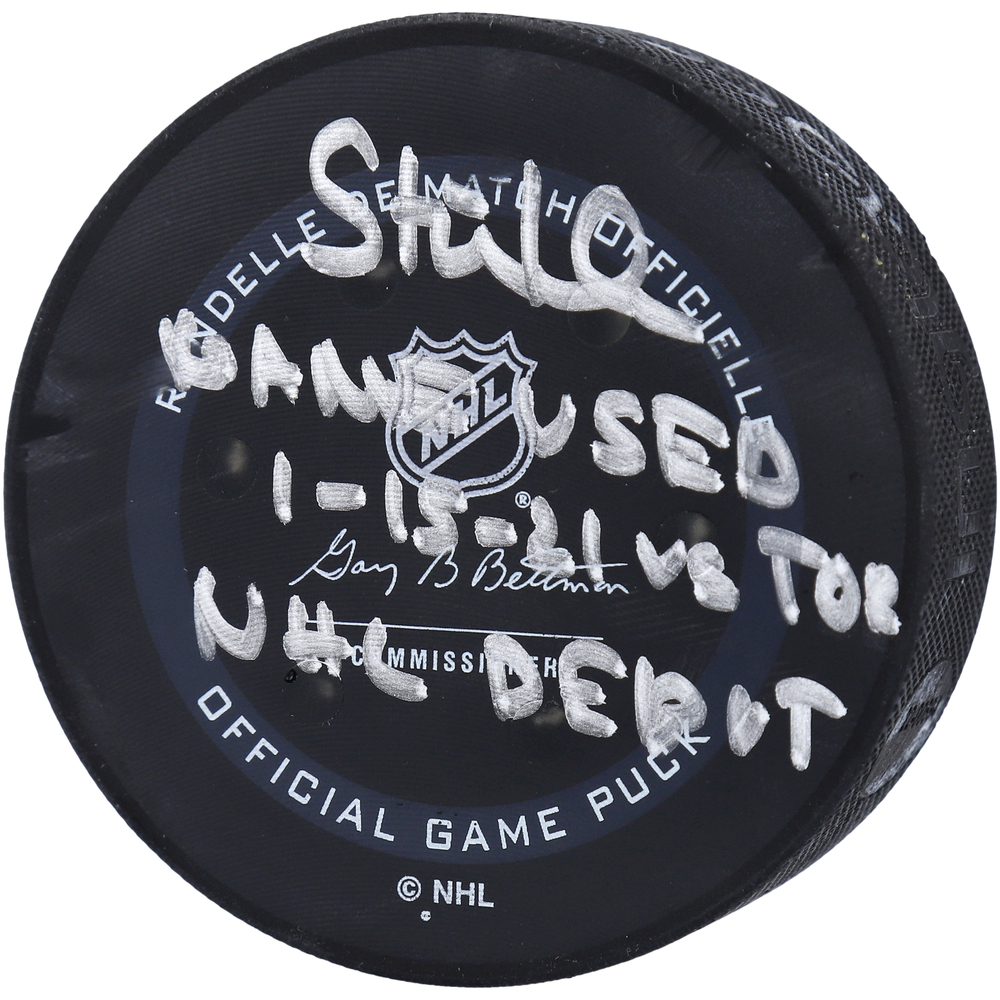 Tim Stutzle Ottawa Senators Autographed Game-Used Puck from January 15, 2021 vs. Toronto Maple Leafs with Multiple Inscriptions - NHL Debut Game