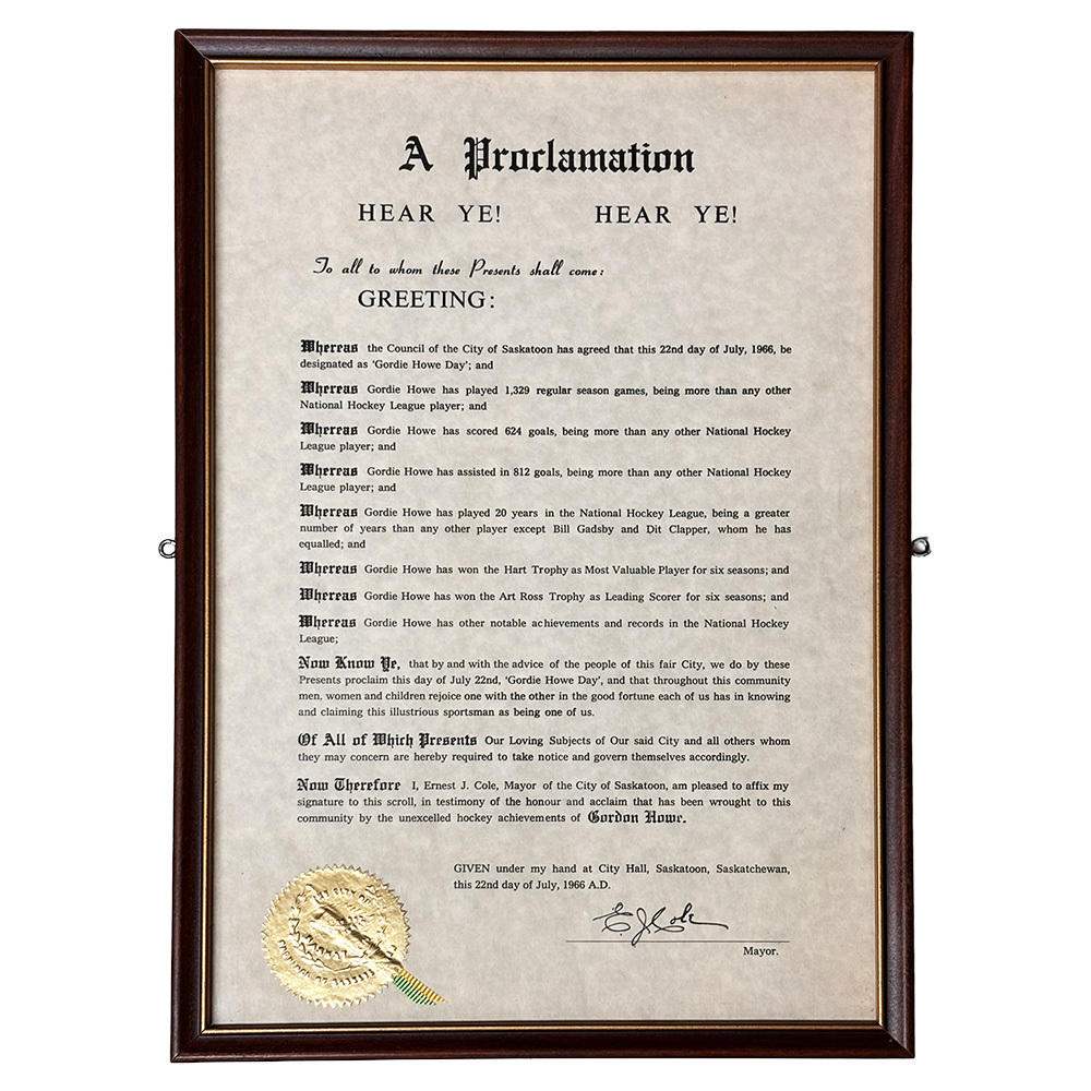 City of Saskatoon 1966 'Gordie Howe Day' Framed Proclamation