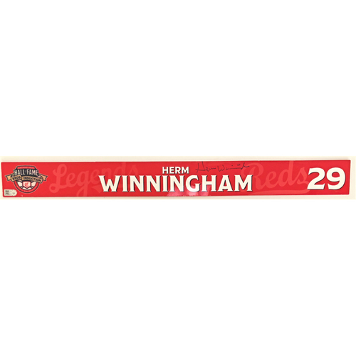 Herm Winningham - Game-used and Autographed Locker Name Plate: 2021 Cincinnati Reds Hall of Fame Legends Game