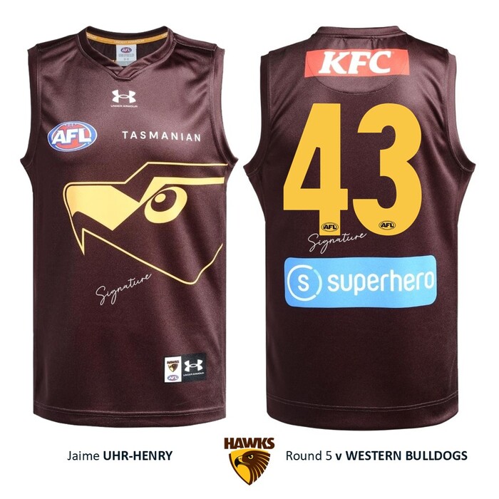 Photo of Jaime Uhr-Henry #43 Hawthorn 2026 Gather Round Guernsey