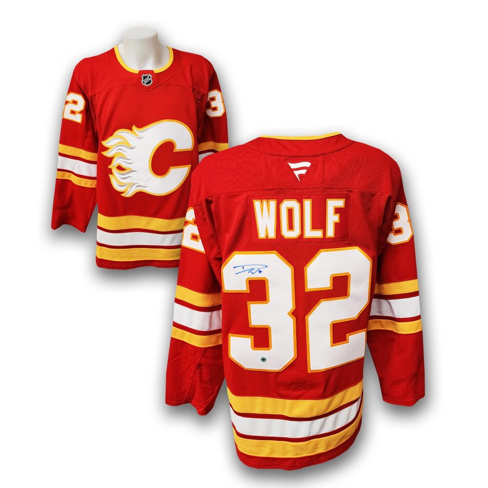 Dustin Wolf Autographed Calgary Flames Home Fanatics Premium Jersey