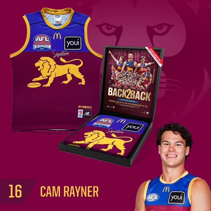 Cam Rayner #16 Brisbane Lions 2025 Premiers Match-Worn Guernsey