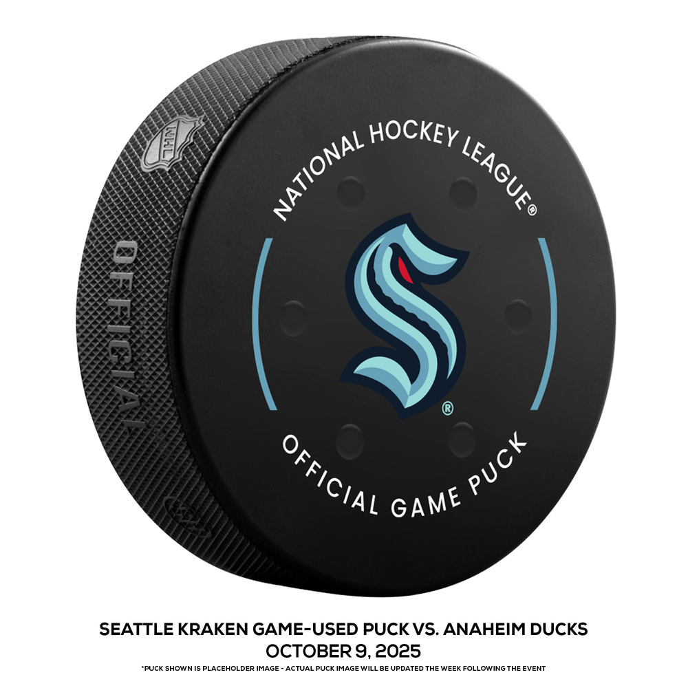 Seattle Kraken Game-Used Puck vs. Anaheim Ducks on October 9, 2025 - Beckett Sennecke (ANA) Scores During NHL Debut (Not a Goal Puck)