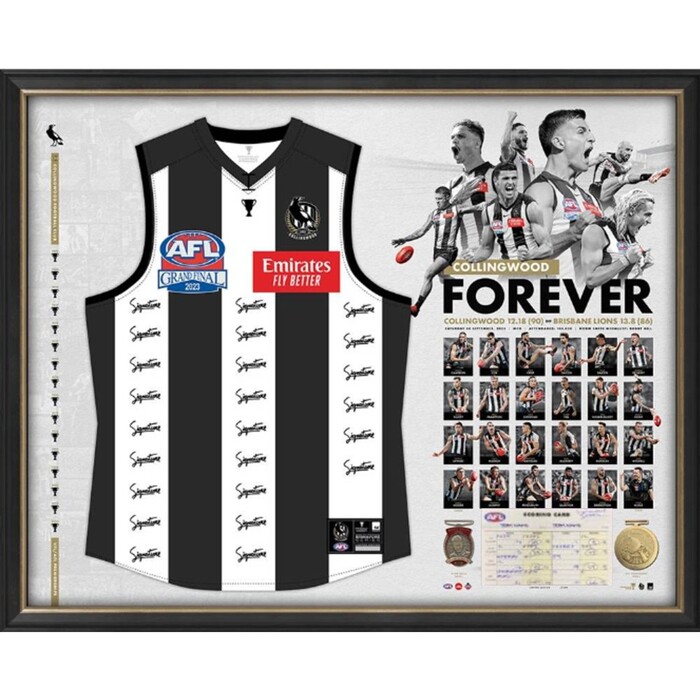 Photo of Collingwood 2023 Premiers Team Signed Guernsey & Scorecard Display