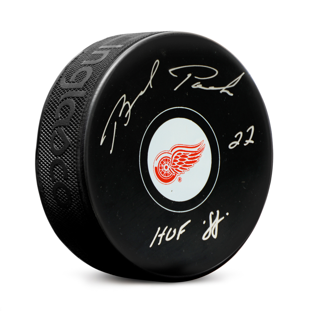 Brad Park Autographed Detroit Red Wings Hockey Puck with HOF Note