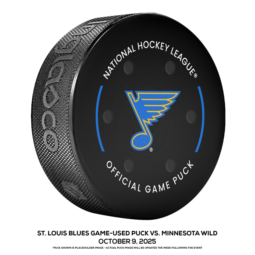 St. Louis Blues Game-Used Puck vs. Minnesota Wild on October 9, 2025 - Filip Gustavsson (MIN) 2nd Career Season Opener Shutout
