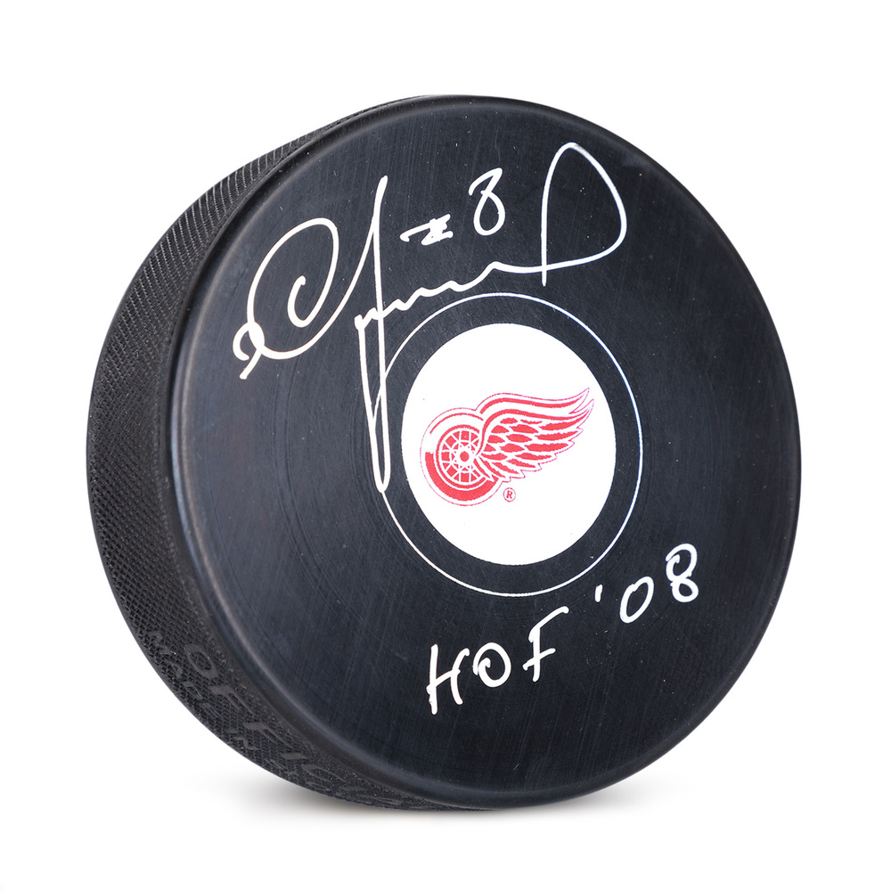 Igor Larionov Signed Detroit Red Wings Hockey Puck with HOF 08 Note