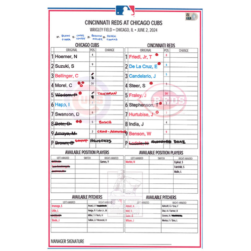 GameUsed Lineup Card ALS Day Reds vs. Cubs 6/2/24 Chicago Cubs