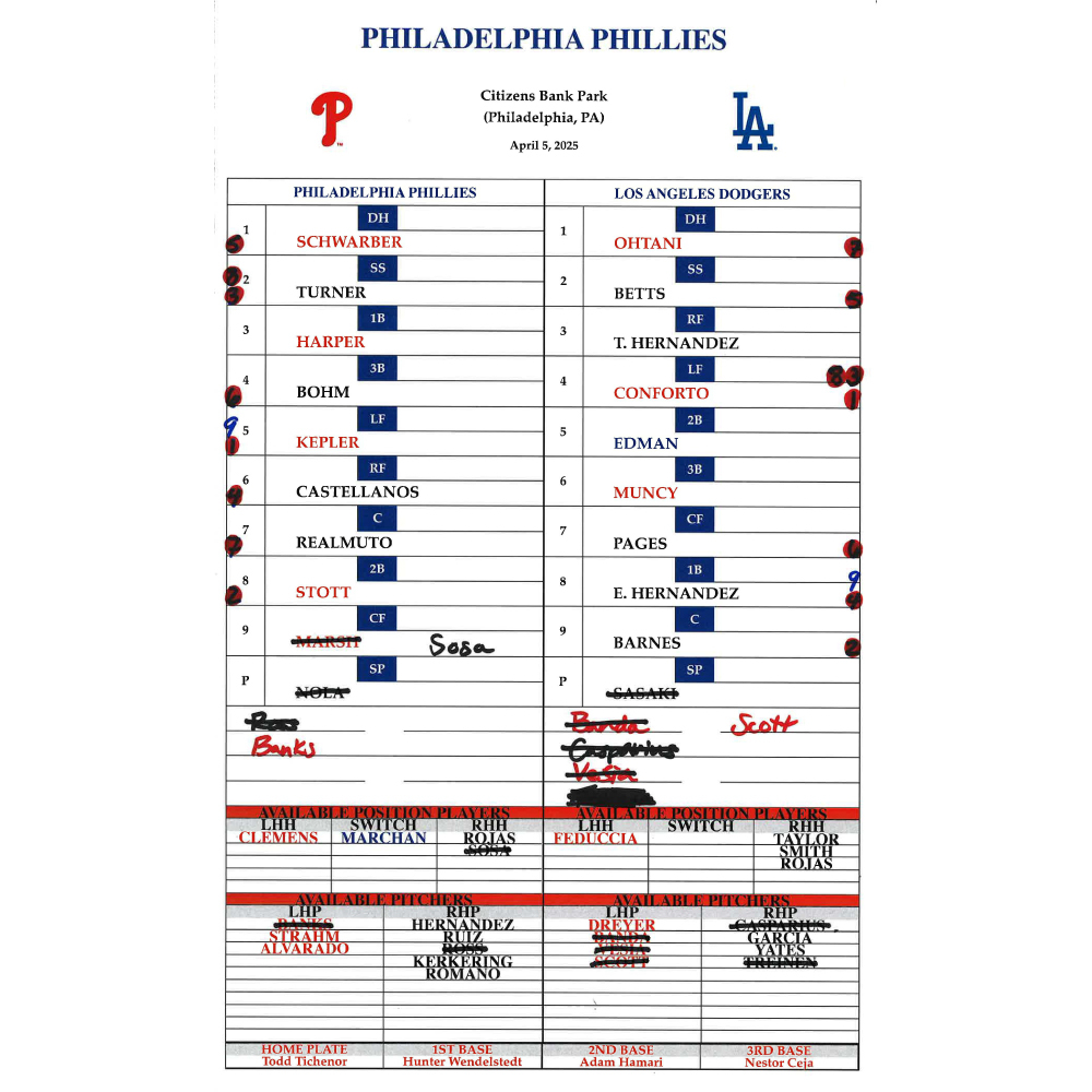 2025 Phillies Game-Used Lineup Card - Roki Sasaki 3rd career MLB