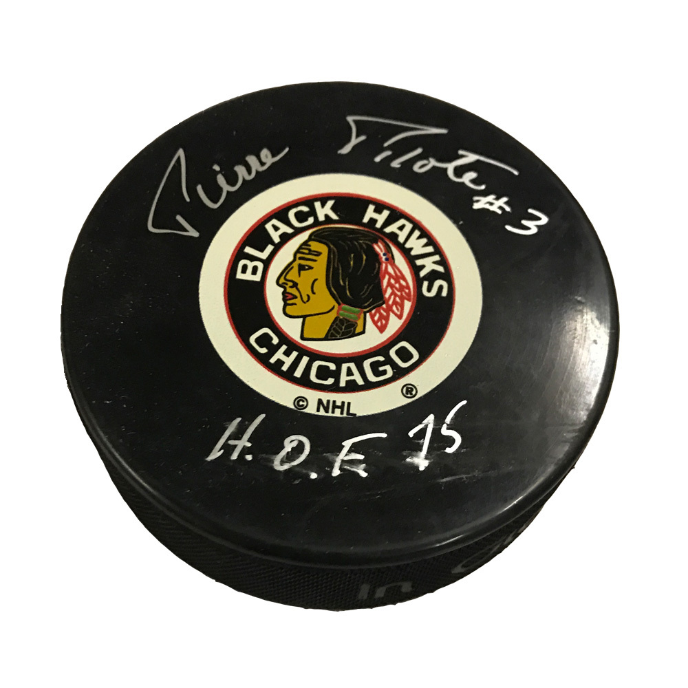 PIERRE PILOTE Signed Chicago Blackhawks Puck with HOF Inscription *Exact Puck Shown*