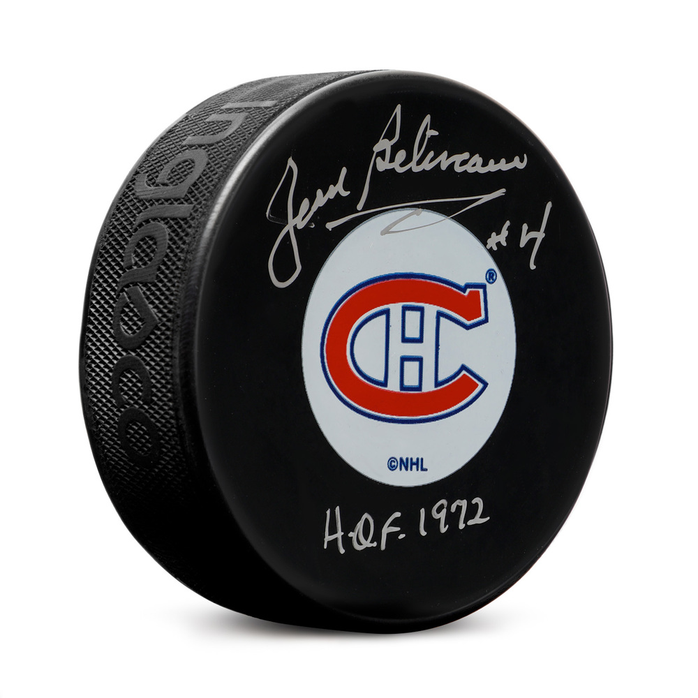 Jean Beliveau Autographed Montreal Canadiens Hockey Puck with HOF Note