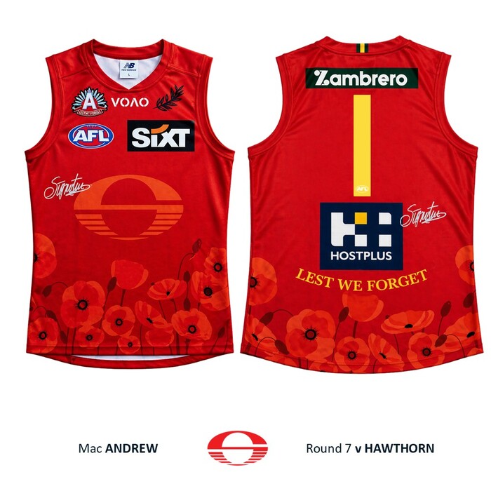 Photo of Mac Andrew #1 Gold Coast SUNS ANZAC Appeal Round Match-Worn Guernsey