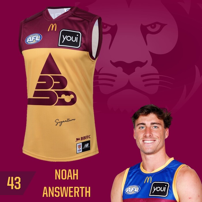 Photo of Noah Answerth #43 Brisbane Lions 2025 Match-Worn Clash Guernsey