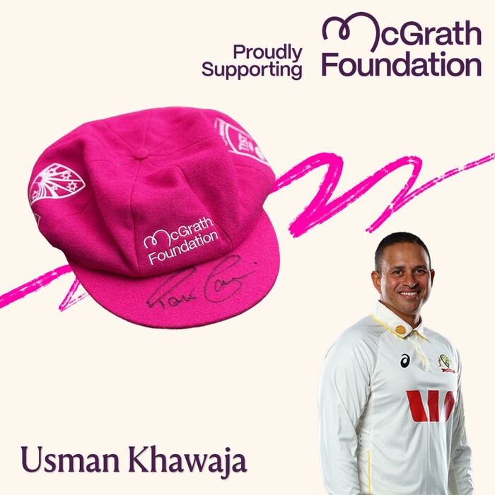 Photo of Usman Khawaja Signed McGrath Foundation Baggy Pink 