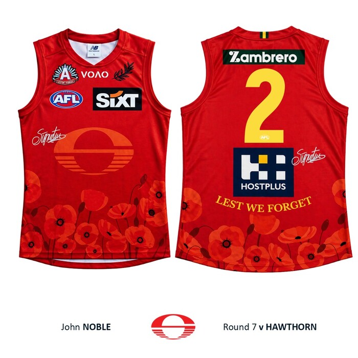Photo of John Noble #2 Gold Coast SUNS ANZAC Appeal Round Match-Worn Guernsey