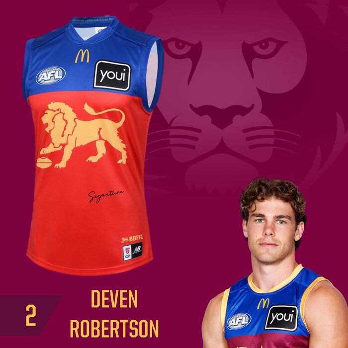 Photo of Deven Robertson #2 Brisbane Lions 2025 Away Guernsey