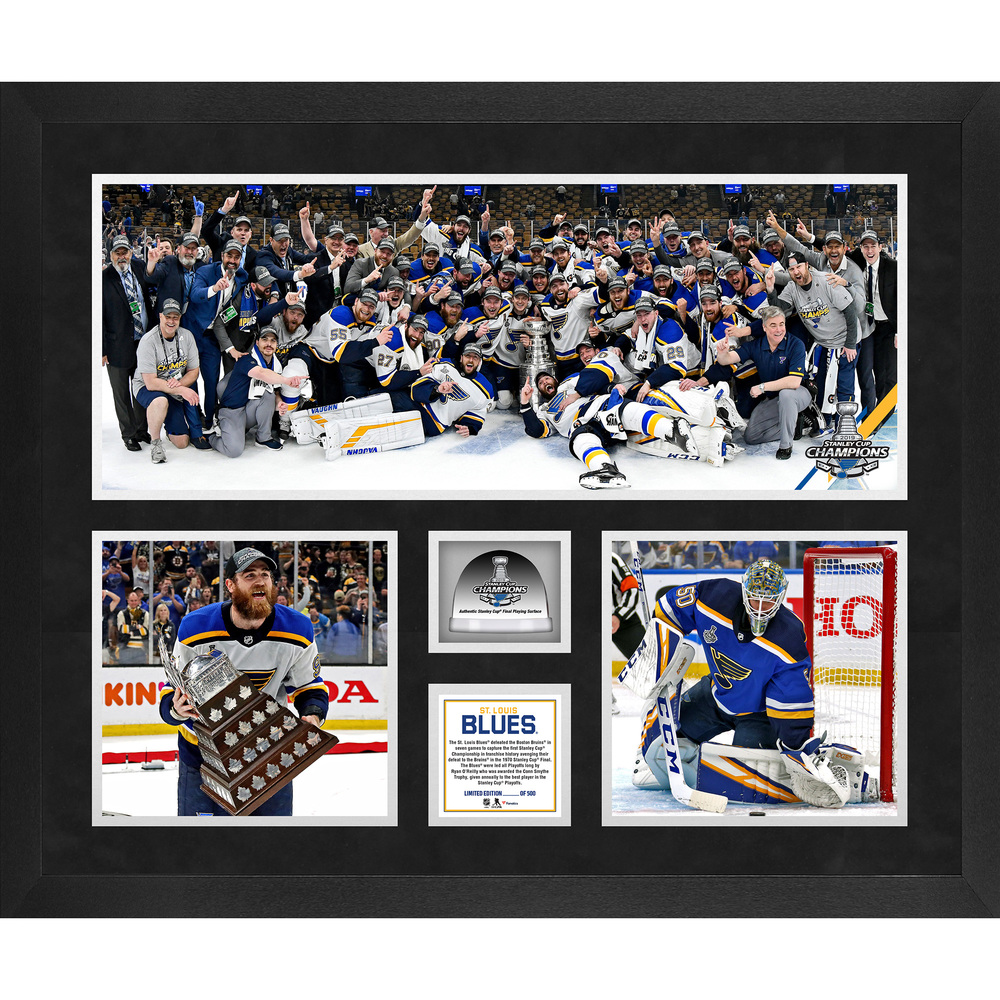 St. Louis Blues 2019 Stanley Cup Champions Framed 20'' x 24'' 3-Photograph Collage with Game-Used Ice from the 2019 Stanley Cup Final - #1 of a Limited Edition of 500